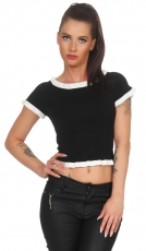 Feinripp-Shirt mit Kontrast-Bordchen - schwarz