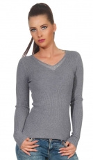 Taillierter Feinstrick-Pullover mit Strass-Verzierung - stone