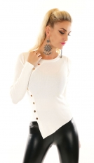 Modischer Strickpullover in sexy Wickel-Optik mit Zierknöpfen in weiß