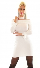 Strickkleid mit Rüschenkragen und Perlen-Applikationen in wollweiß