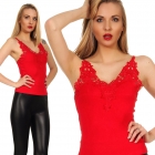 Preview: Feinripp-Top mit süssen Spitzen-Bordüren in rot