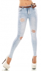 Sexy Skinny-Jeans im modischen destroyed Look mit Gürtel - light blue