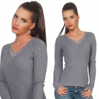 Preview: Taillierter Feinstrick-Pullover mit Strass-Verzierung - stone