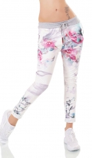 Lässige Freizeithose in Wildlederoptik mit fröhlich bunten Blumen-Prints in weiß