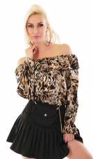 Süsses Carmen-Shirt mit Rüschen-Abschlüssen in animal braun