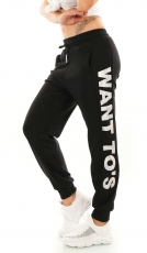 Legere Baumwoll Feizeithose mit Schriftzug-Print in schwarz