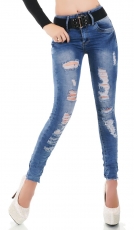 Crash-Jeans mit Vintage-Effekten und Gürtel in light blue