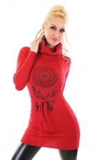 Longpullover mit Rollkragen und Traumfänger Print in rot