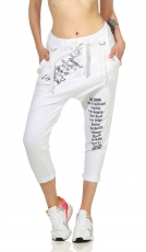 Harems-Freizeithose mit Schrift-Prints und Zier-Hosenträgern - weiß