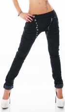 Crash-Jeans mit diagonaler Knopfleiste in schwarz