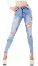 Röhrenjeans im Destroyed-Style mit Glitzer-Skulls in light blue