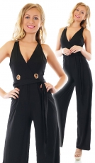 Eleganter Overall im Marlene-Style mit auffälligen Ösen - schwarz