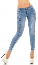 Designer Crash-Jeans mit Vintage-Effekten und Zierschnürrung in blue washed