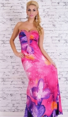 Bandeau-Maxikleid im bunten Sommer-Design mit Strass-Applikation in pink
