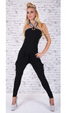 Figurbetonter Neckholder-Overall im modischen Harems-Look - schwarz