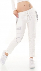 Freizeithose mit Schriftprint und Zierzipper - weiß