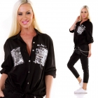 Preview: Legere Bluse mit Pailletten- und Schrift- Verzierung - schwarz