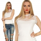 Preview: Ärmelloses Shirt mit Spitzen-Verzierung - weiß
