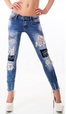 Crash-Röhrenjeans im sexy Vintage-Look mit Patches und Spitze - blue washed