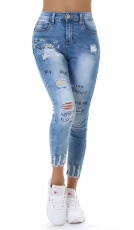 High Waist Skinny Jeans im Used-Look mit Schrift-Prints - blue washed