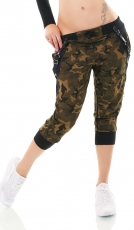 Capri Freizeithose im Camouflage-Look mit Zier-Bändern - khaki
