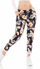 Moderne Freizeithose mit bunten Blumen-Prints - multicolor schwarz