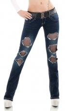 Bootcut Jeans mit Rissen und Glamour-Gürtel in dark blue