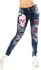 Crazy Röhren-Jeans im Used-Look mit bunten Patches - blue washed