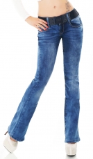 Bootcut-Jeans mit Bleach-Effekten und Stretch-Gürtel in blue washed