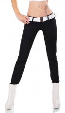 Slim Fit Röhrenjeans mit Zier-Zippern und Flecht-Gürtel in schwarz