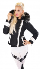 Taillierte Jacke mit Kontrast-Einsätzen und Kunstfellkragen in schwarz / weiß