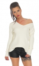 Oversize Strickpullover mit V-Auschnitt in cremeweiß