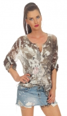 Luftiges Shirt mit Schmucknieten-Verzierung und Knopfleiste - olive