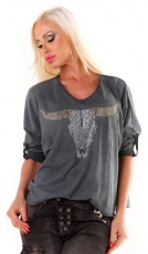 Meliertes Langarmshirt mit Nieten-Verzierung - graphit
