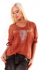 Meliertes Langarmshirt mit Nieten-Verzierung - kastanie