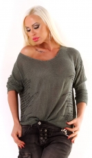 Legerer Grobstrick Pullover mit Schriftprint - khaki
