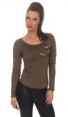 Figurbetonter Pullover in Wildleder-Optik mit Schmuck-Patches - olive