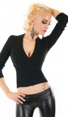 Rippstrick Pullover mit sexy Wickel-Ausschnitt in schwarz