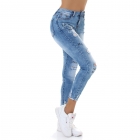 Preview: High Waist Skinny Jeans im Used-Look mit Schrift-Prints - blue washed