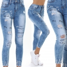 Preview: High Waist Skinny Jeans im Used-Look mit Schrift-Prints - blue washed