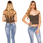 Preview: Kurz geschnittens Feinripp-Top mit Ausschnitt-Raffung in khaki