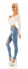 Preview: Slim Fit Jeans im Destroyed Look mit buntem Stickerei-Skull in light blue