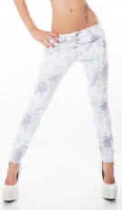 Crash-Jeans im Flower-Design mit diagonaler Knopfleiste in mint