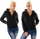 Preview: Modische Fleece Jacke mit Kapuze - schwarz