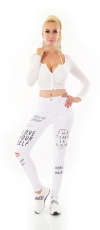 Preview: High Waist Skinny Jeans im Used-Look mit Schrift-Prints - weiß