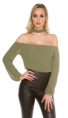 Zarte Chiffonbluse mit Kropfband und Reissverschluss - khaki