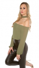 Preview: Zarte Chiffonbluse mit Kropfband und Reissverschluss - khaki
