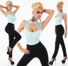 Preview: Figurbetonter Jumpsuit-Overall mit Spitzen-Verzierungen - mint /schwarz