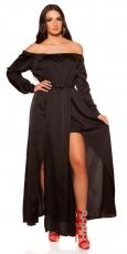 Exklusives Satin-Abendkleid mit sexy Carmen-Ausschnitt - schwarz