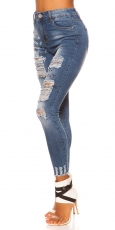 Preview: High Waist Skinny Jeans im Used-Look mit Schrift-Prints - blue washed